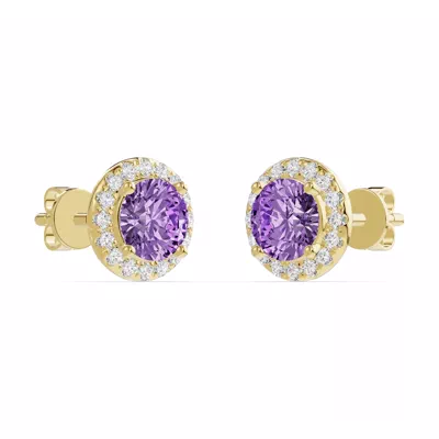 Round Amethyst Lab Diamond Halo Earrings