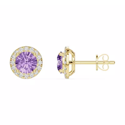 Round Amethyst Lab Diamond Halo Earrings