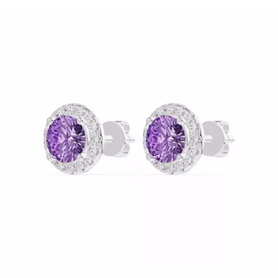 Round Amethyst Lab Diamond Halo Earrings