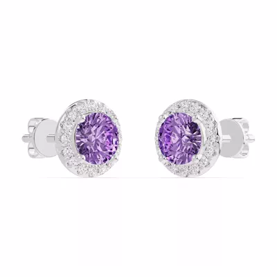 Round Amethyst Lab Diamond Halo Earrings
