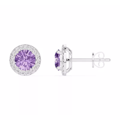 Round Amethyst Lab Diamond Halo Earrings