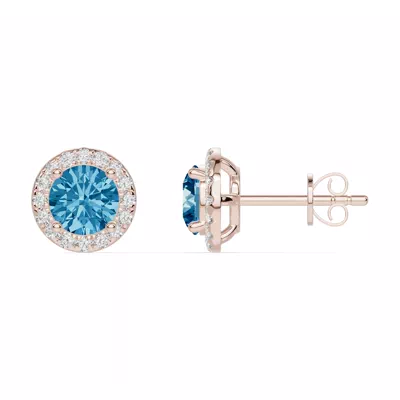 Round Blue Topaz Lab Diamond Halo Earrings