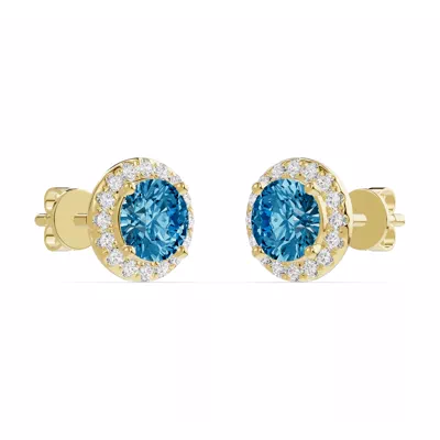 Round Blue Topaz Lab Diamond Halo Earrings