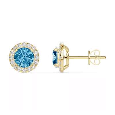 Round Blue Topaz Lab Diamond Halo Earrings