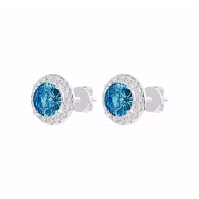 Round Blue Topaz Lab Diamond Halo Earrings