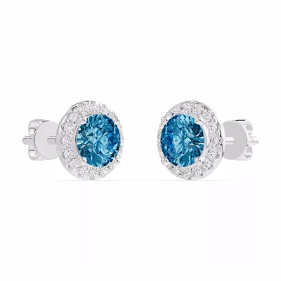 Round Blue Topaz Lab Diamond Halo Earrings