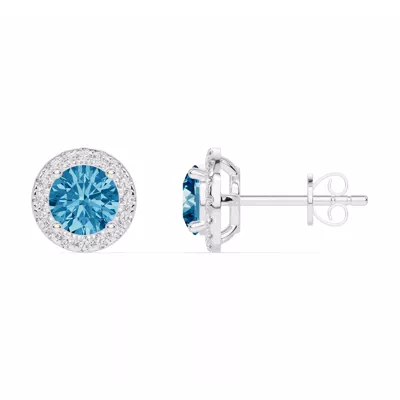 Round Blue Topaz Lab Diamond Halo Earrings