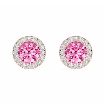 Round Pink Tourmaline Lab Diamond Halo Earrings
