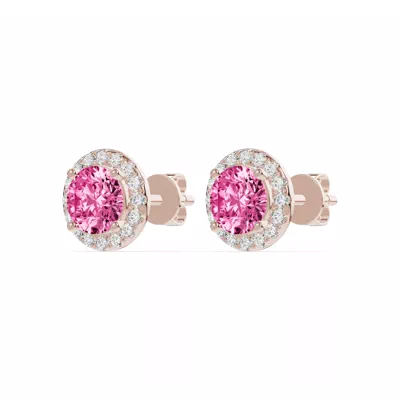 Round Pink Tourmaline Lab Diamond Halo Earrings