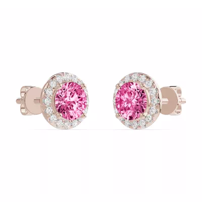 Round Pink Tourmaline Lab Diamond Halo Earrings