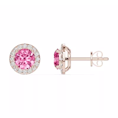 Round Pink Tourmaline Lab Diamond Halo Earrings