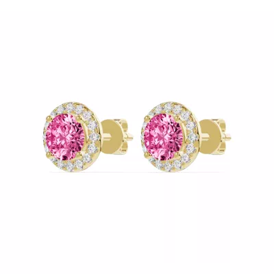 Round Pink Tourmaline Lab Diamond Halo Earrings