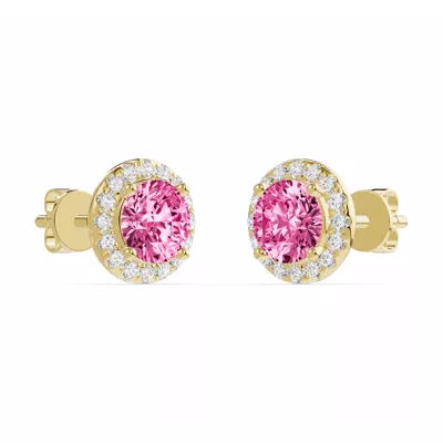 Round Pink Tourmaline Lab Diamond Halo Earrings