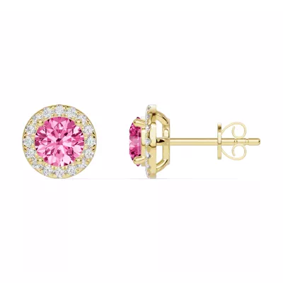Round Pink Tourmaline Lab Diamond Halo Earrings