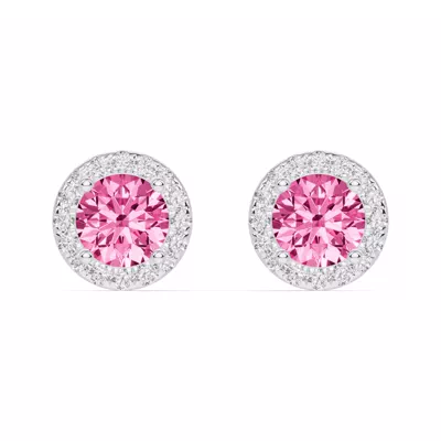 Round Pink Tourmaline Lab Diamond Halo Earrings