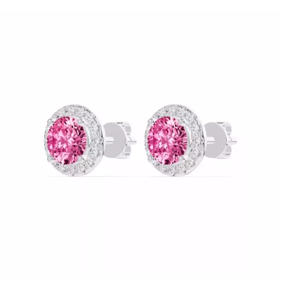 Round Pink Tourmaline Lab Diamond Halo Earrings