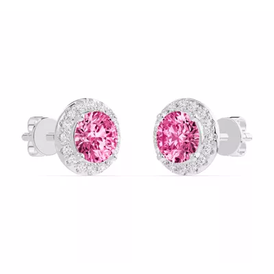 Round Pink Tourmaline Lab Diamond Halo Earrings
