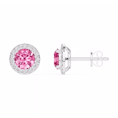 Round Pink Tourmaline Lab Diamond Halo Earrings