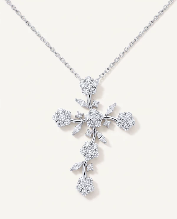 Setting Vine Bloom Cross Lab Diamond Silver Pendant