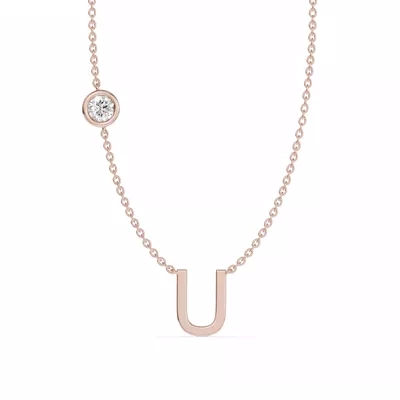 Bezel Diamond Gold Initial Necklace - U