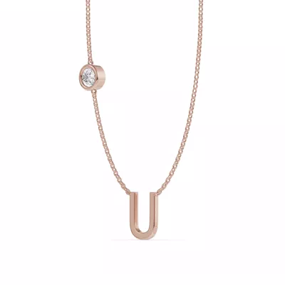 Bezel Diamond Gold Initial Necklace - U