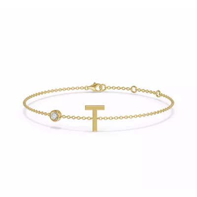 Bezel Diamond Gold Initial Bracelet - T