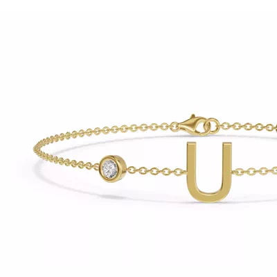 Bezel Diamond Gold Initial Bracelet - U