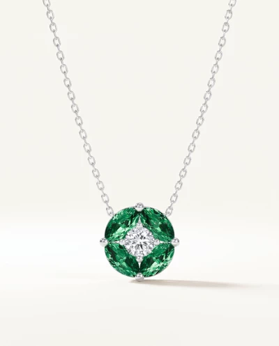 Emerald Floral Lab Diamond Silver Necklace