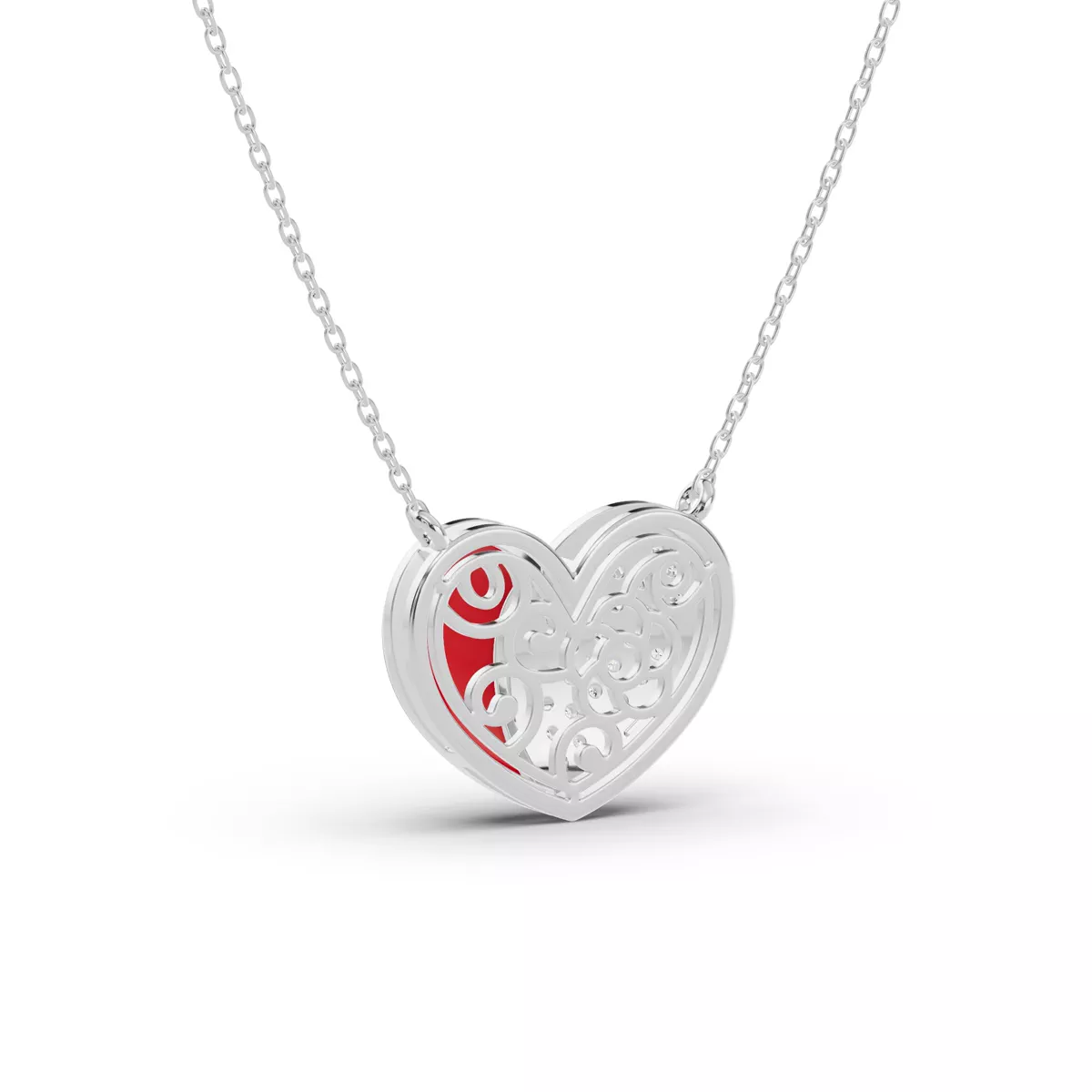 Amara Red Ceramic Pavé Heart Silver Necklace - Silver