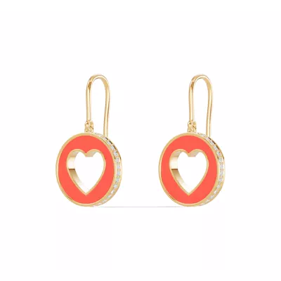 Red Ceramic Open-Heart Pavé Drop Earrings