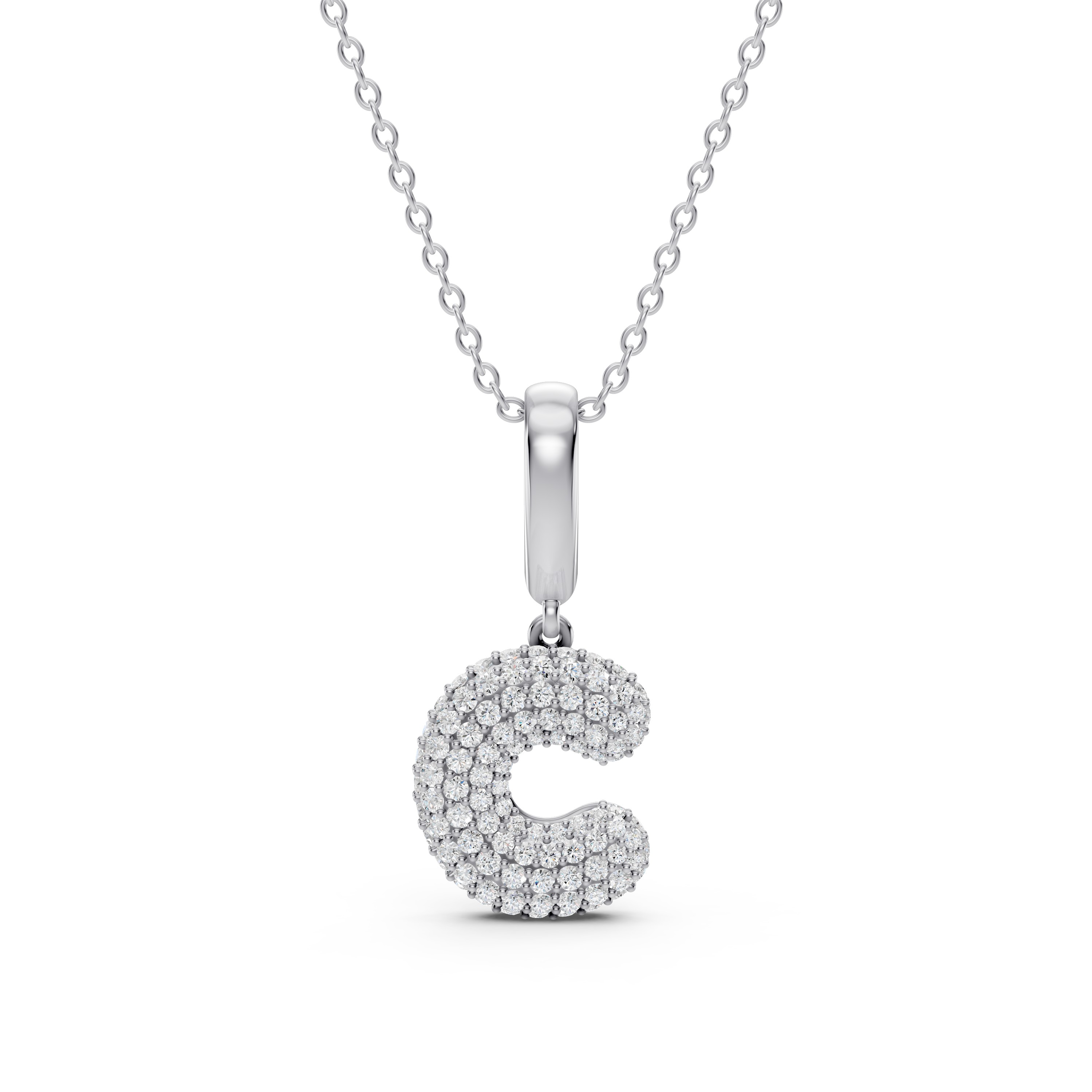Bubble Pavé Lab Diamond Initial Silver Necklace - C
