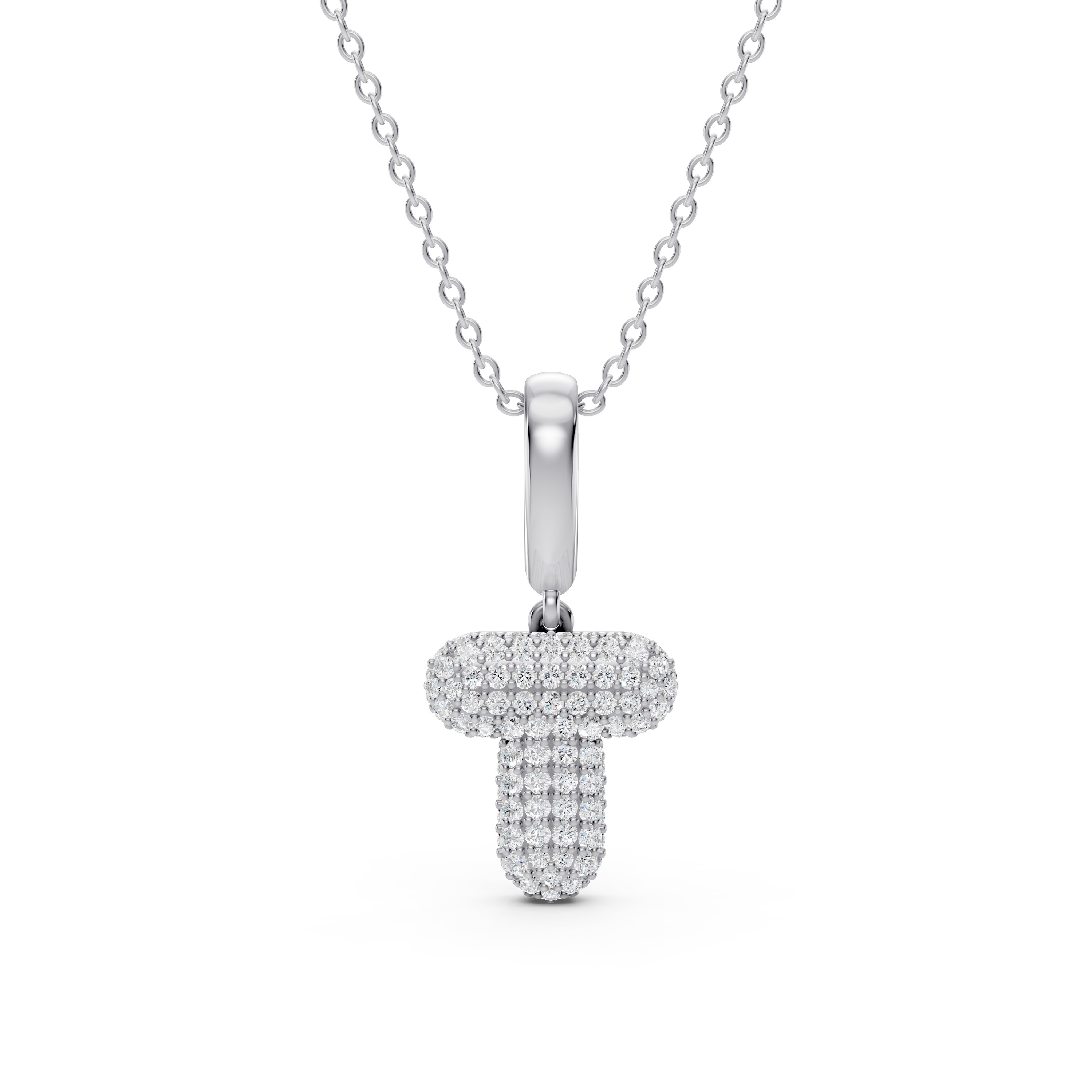 Bubble Pavé Diamond Initial Silver Necklace - T