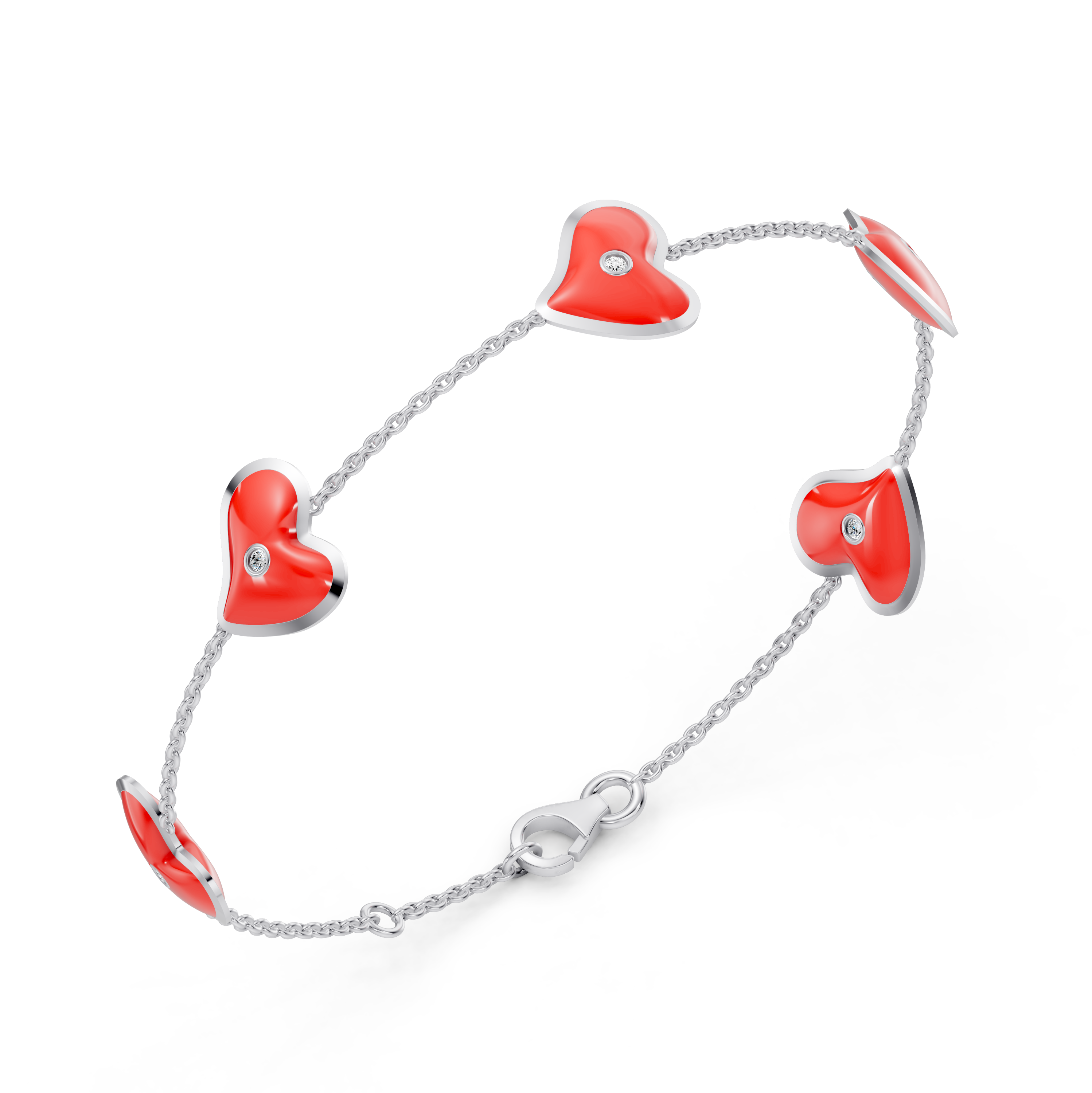 Red Ceramic Heart Lab Diamond Station Bracelet