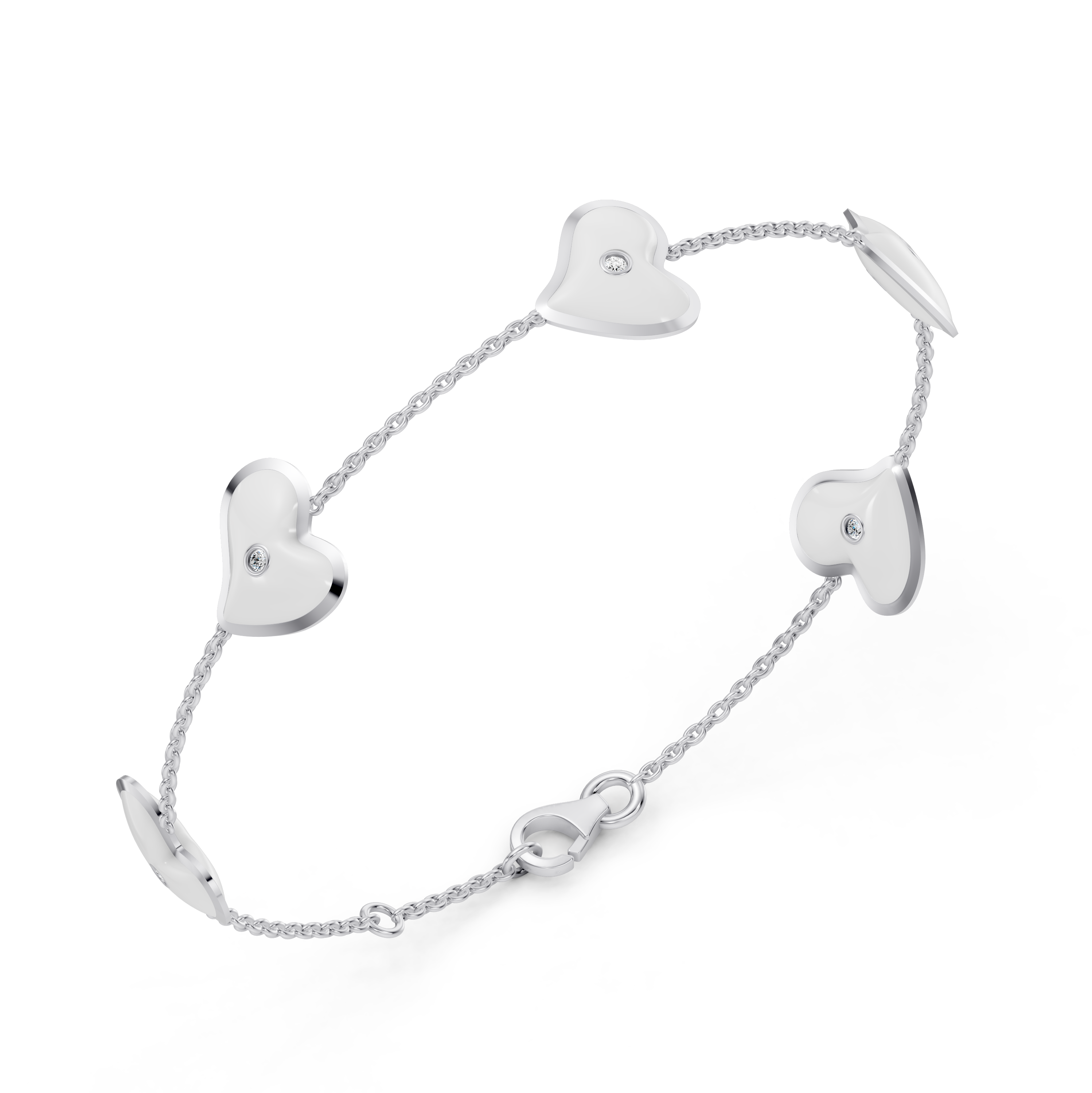 White Ceramic Heart Lab Diamond Station Bracelet