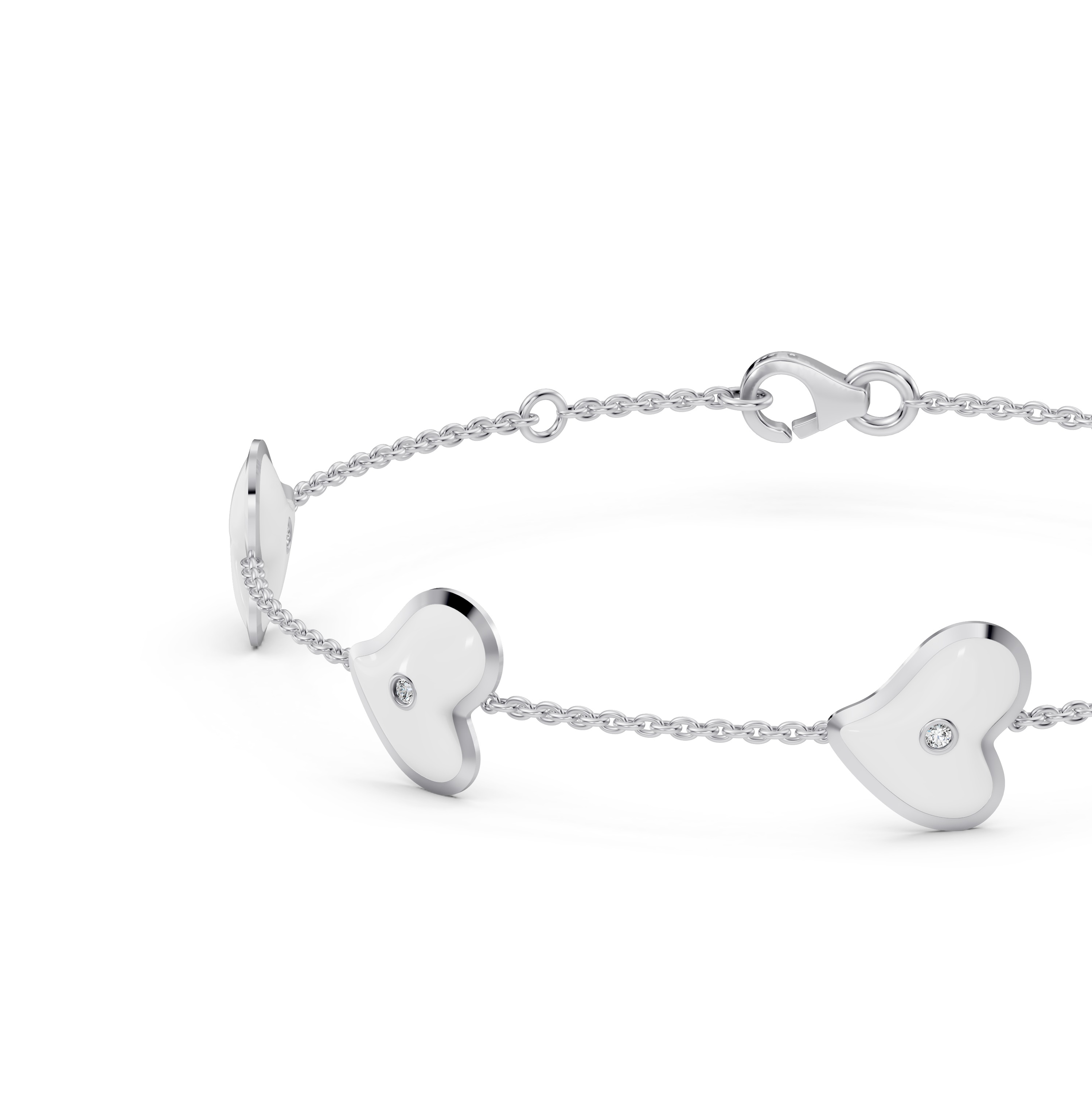 White Ceramic Heart Lab Diamond Station Bracelet
