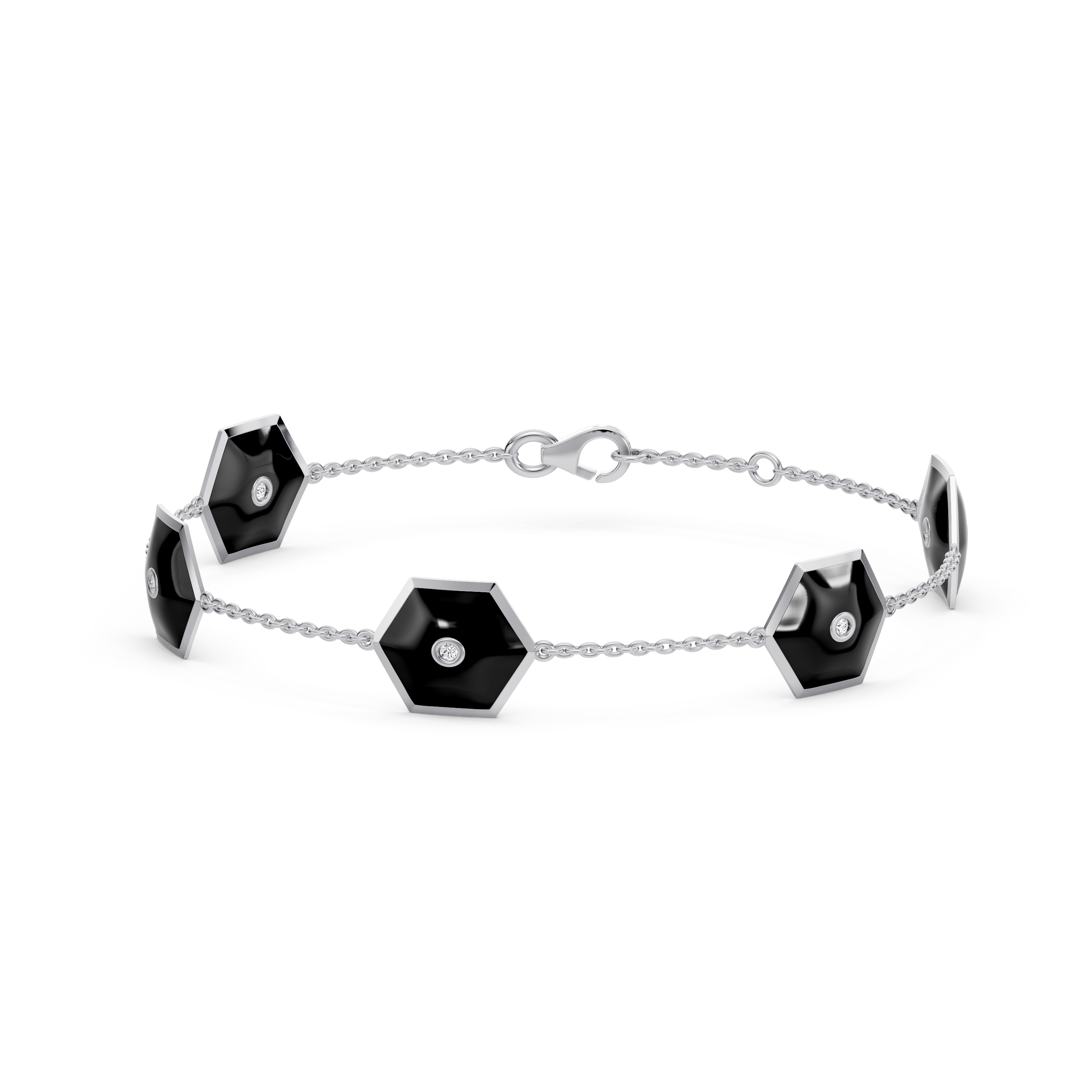 Black Ceramic Hexagon Diamond Station Bracelet
