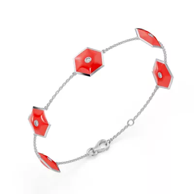 Red Ceramic Hexagon Diamond Station Bracelet