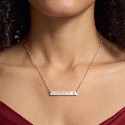 Engravable Bezel Diamond Bar Silver Necklace