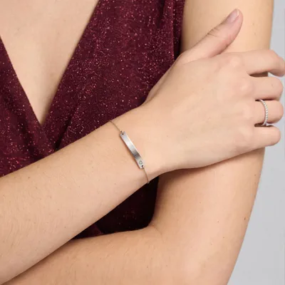 Engravable Bezel Lab Diamond Bar Silver Bracelet