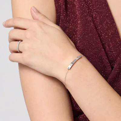 Engravable Bezel Diamond Bar Silver Bracelet