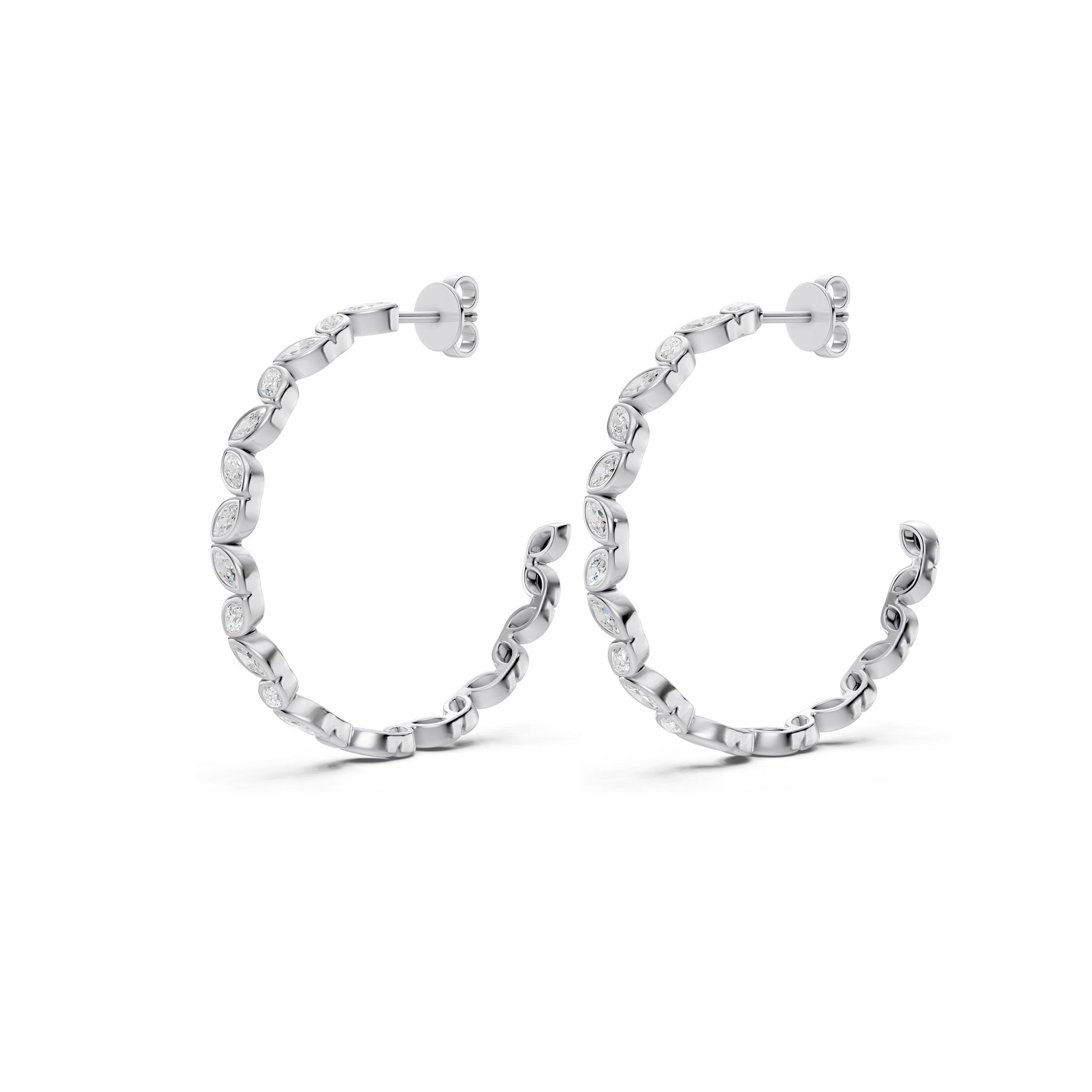 Marquise Lab Diamond Bezel Silver Hoop Earrings