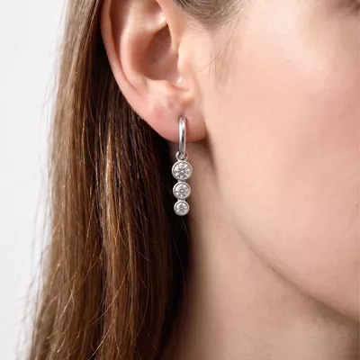 Bezel Triple Dangle Lab Diamond Huggie Earrings